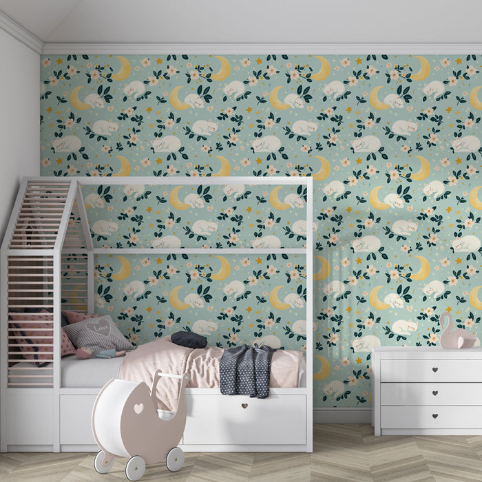 Kinderkamer behang met motieven | Knuffelende katten onder de sterren