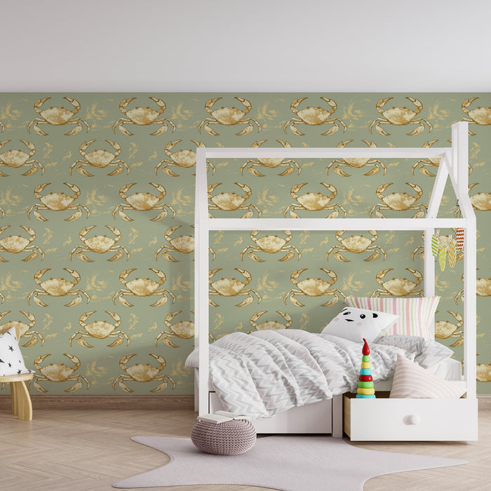 Papier peint chambre enfant à motifs | Crabes dorés sur fond apaisant