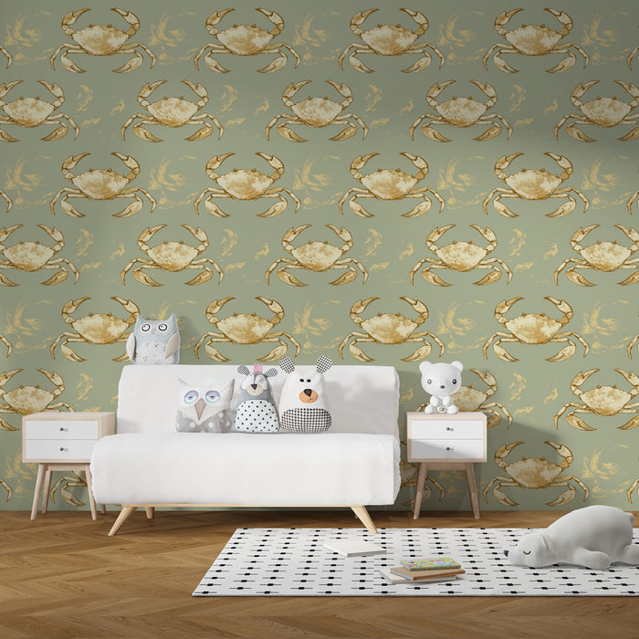 Papier peint chambre enfant à motifs | Crabes dorés sur fond apaisant