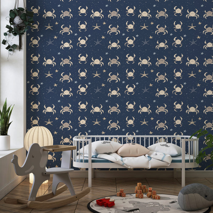 Papier peint chambre enfant à motifs | Crabes et étoiles de mer sur fond marin