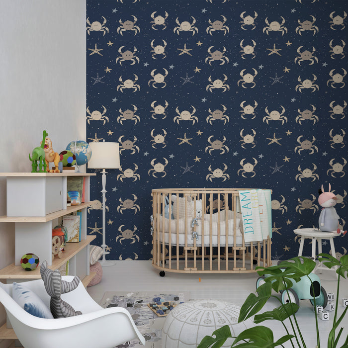 Papier peint chambre enfant à motifs | Crabes et étoiles de mer sur fond marin