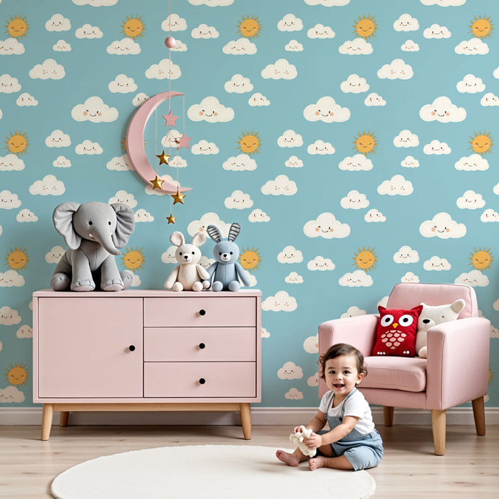 Kinderkamer behang met motieven | Wolk en lachende zon op een blauwe achtergrond