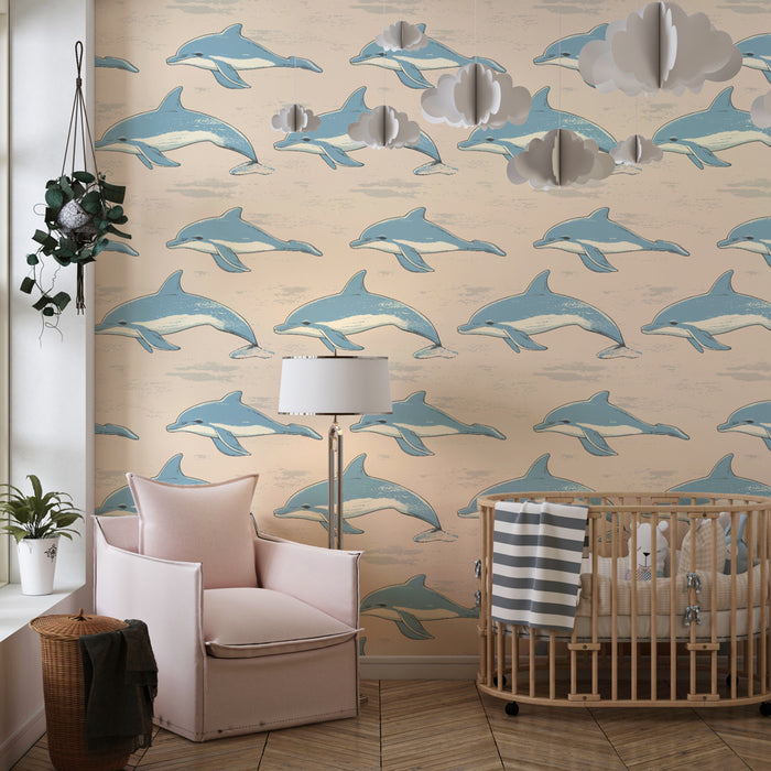 Papel de parede criança com padrões | Golfinhos em movimento em fundo suave