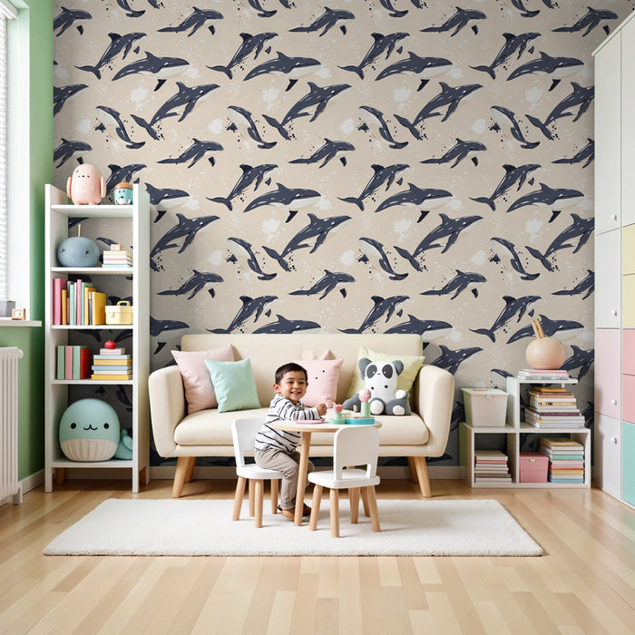 Kinderkamer behang met motieven | Spelende dolfijnen op een zandkleurige achtergrond
