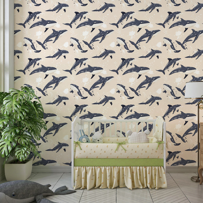 Papier peint chambre enfant à motifs | Dauphins joueurs sur fond sable