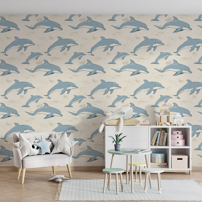 Papier peint chambre enfant à motifs | Dauphins joyeux en mouvement