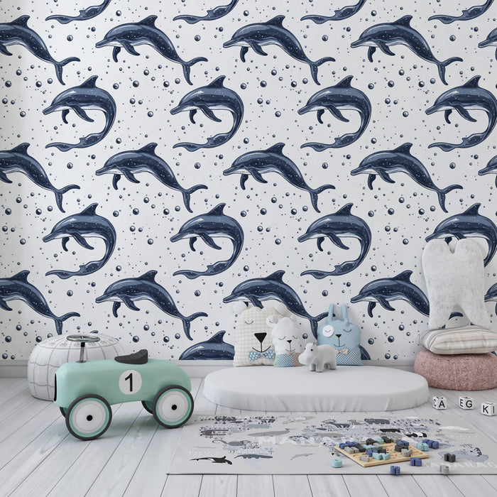 Papier peint chambre enfant à motifs | Dauphins sautants et bulles d'eau
