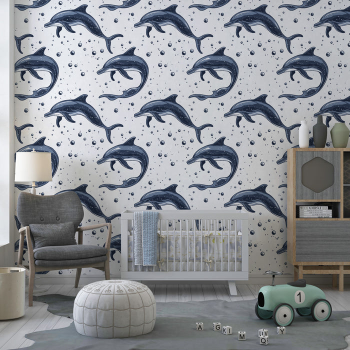 Papier peint chambre enfant à motifs | Dauphins sautants et bulles d'eau