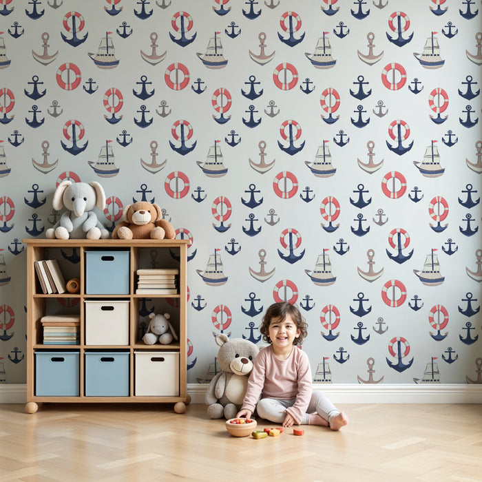 Papel de parede criança com padrões | Decoração marítima com barcos e âncoras