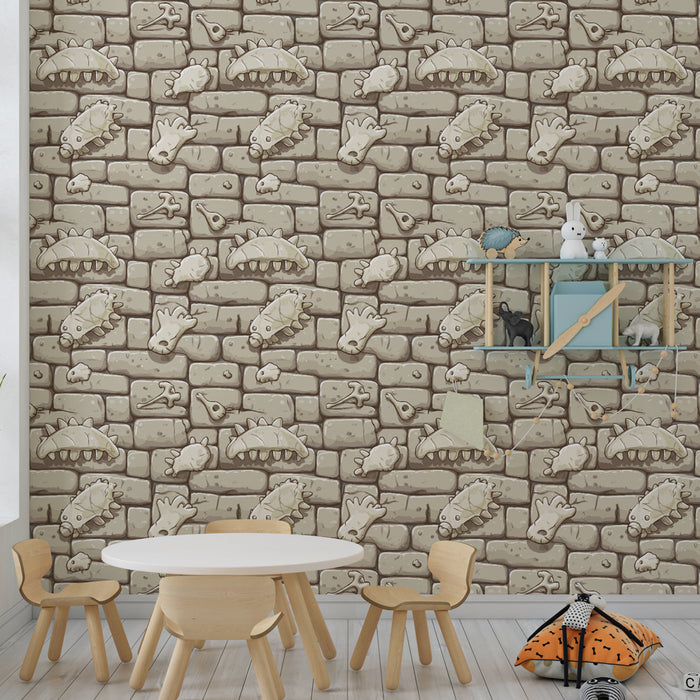 Papier peint chambre enfant à motifs | Découverte des fossiles en mur de pierre
