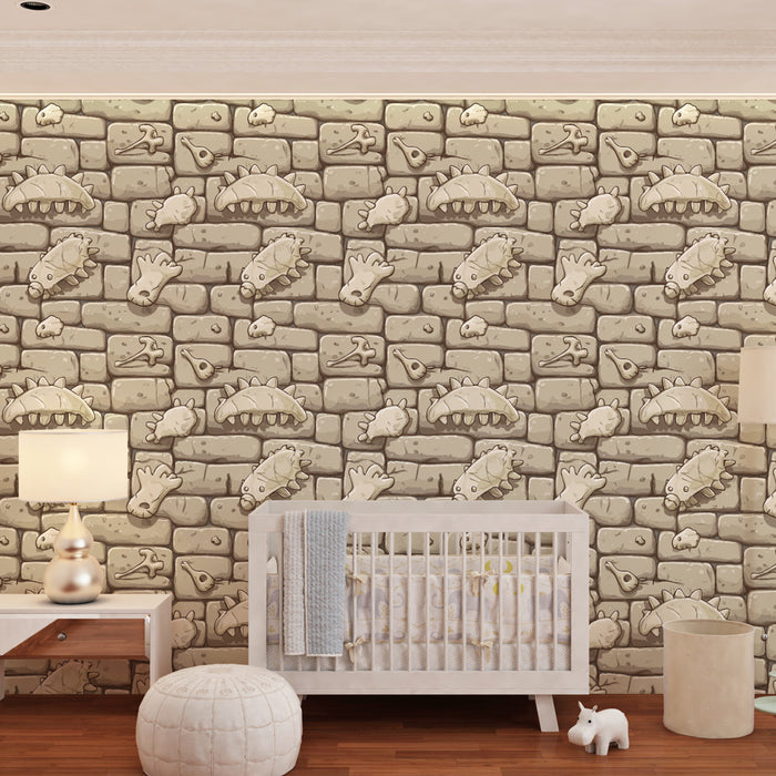 Papier peint chambre enfant à motifs | Découverte des fossiles en mur de pierre