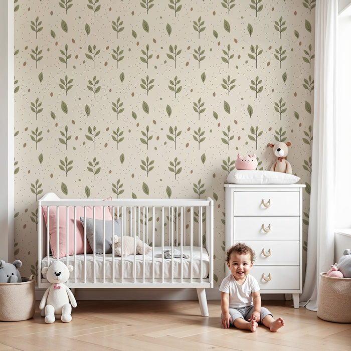 Kids room wallpaper with patterns | Delicate green leaves on a cream background