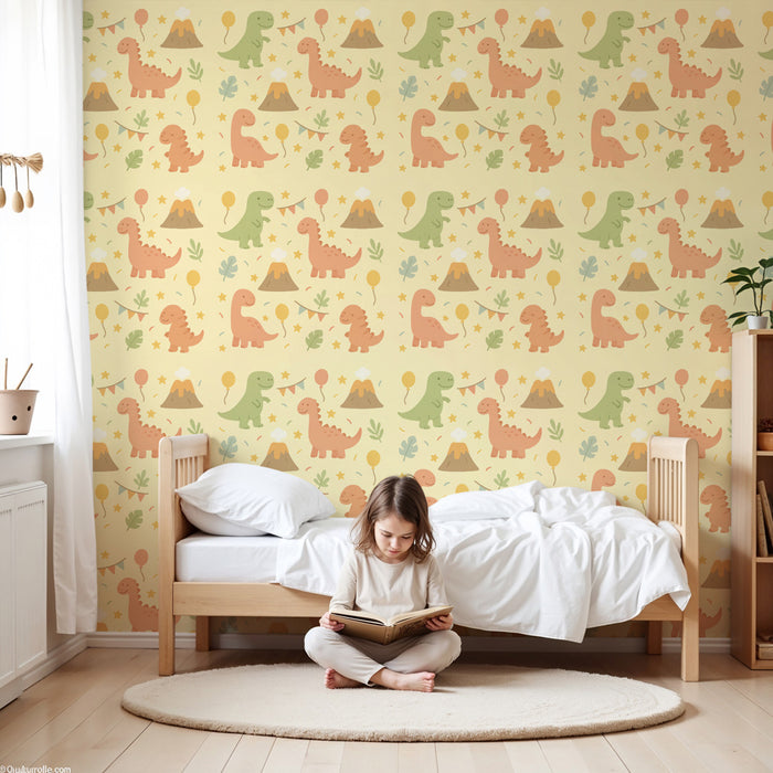 Kids room wallpaper with patterns | Fun dinosaurs and soft colors