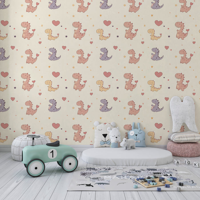 Papier peint chambre enfant à motifs | Dinosaurs mignons et cœurs colorés