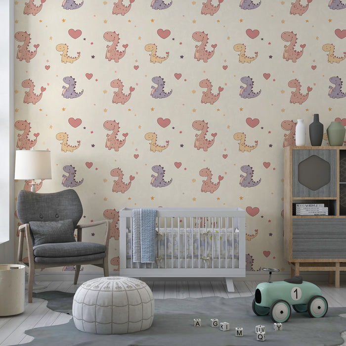 Papier peint chambre enfant à motifs | Dinosaurs mignons et cœurs colorés