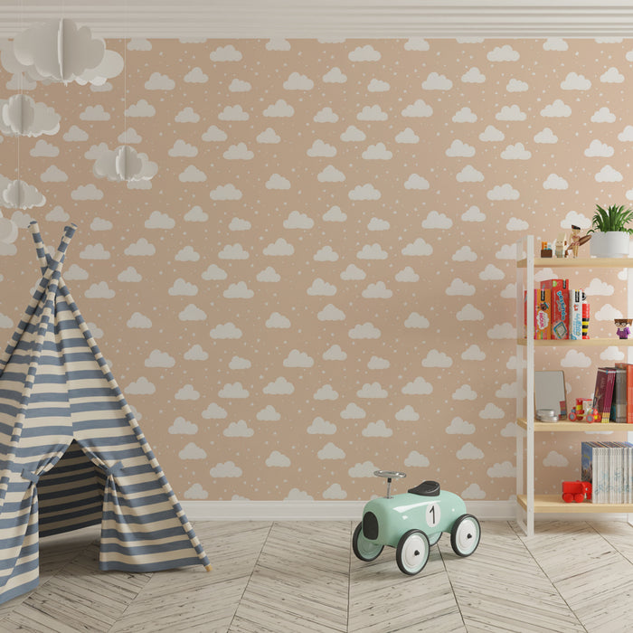 Papier peint chambre enfant à motifs | Doux nuages blancs sur fond beige