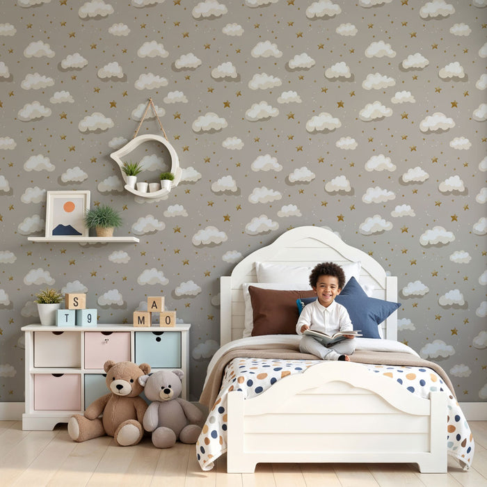 Kids room wallpaper with patterns | Soft clouds and golden stars on a beige background