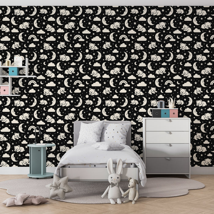 Papier peint chambre enfant à motifs | Doux ours et cieux étoilés