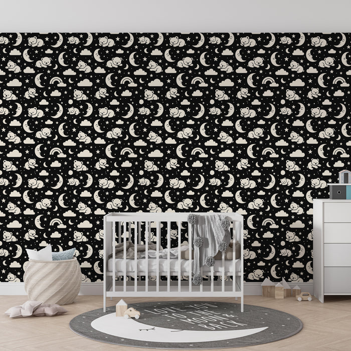 Papier peint chambre enfant à motifs | Doux ours et cieux étoilés