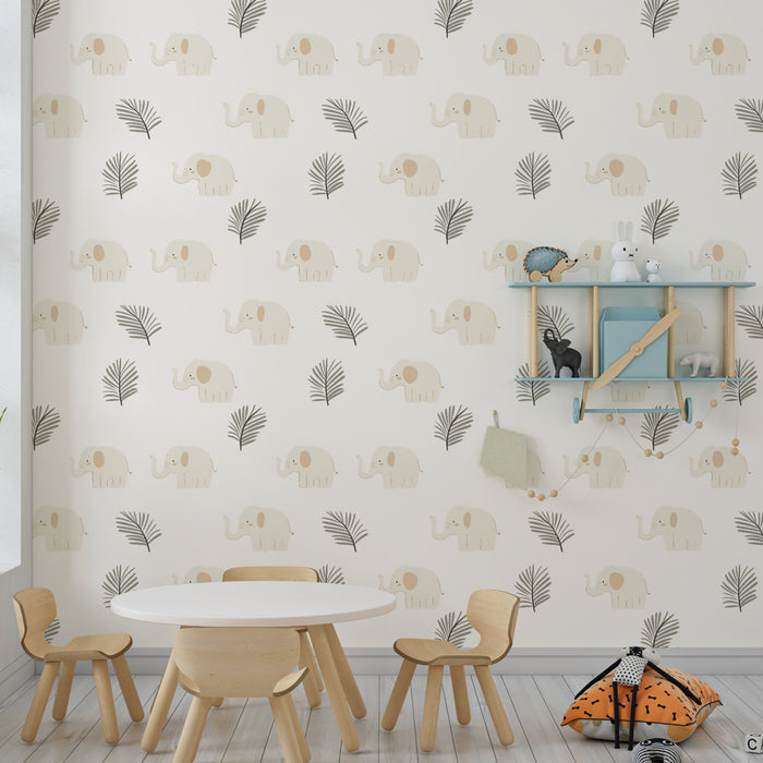 Papier peint chambre enfant à motifs | Élégants éléphants et feuillages doux
