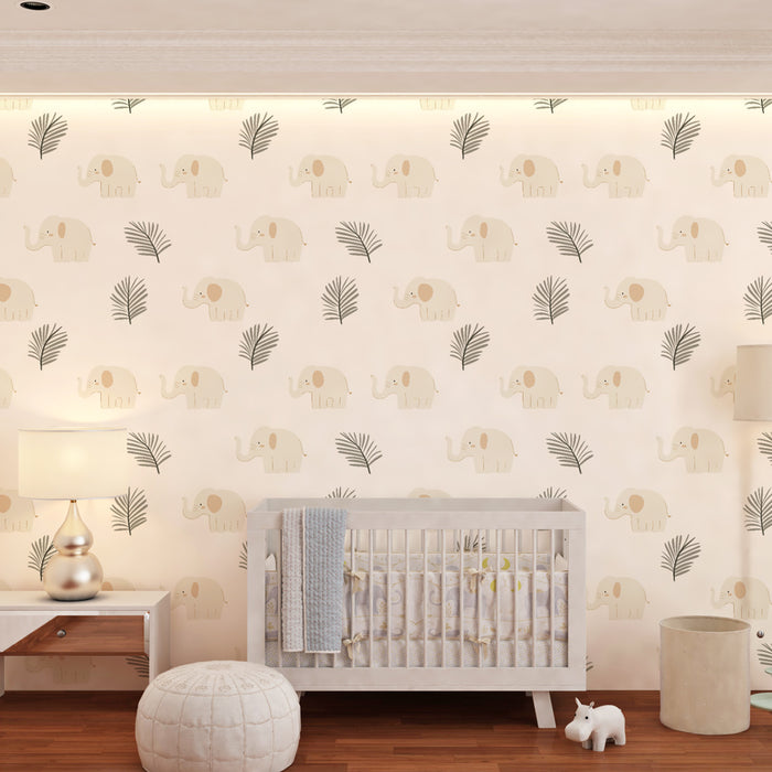 Papier peint chambre enfant à motifs | Élégants éléphants et feuillages doux