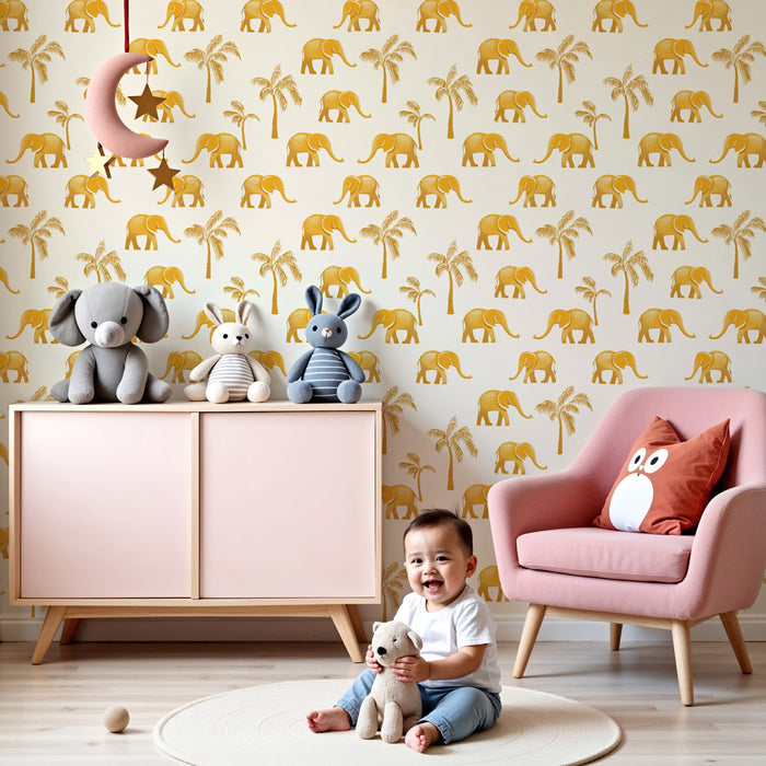 Kids room wallpaper with patterns | Elegant elephants and golden palm trees on a cream background