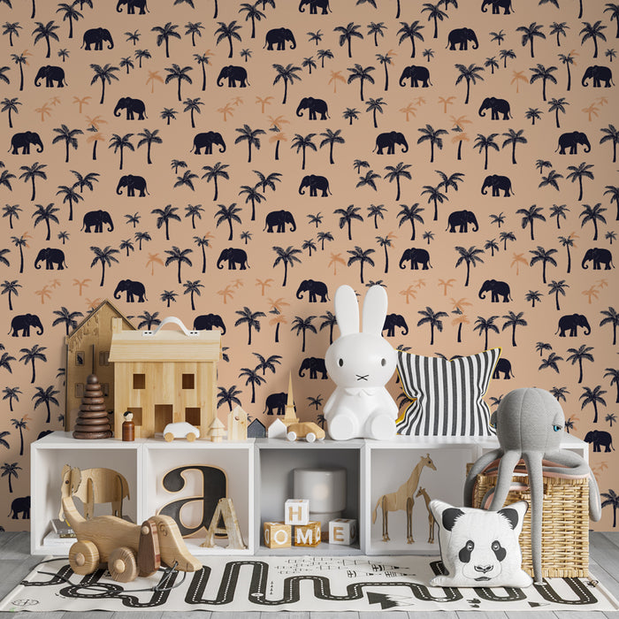 Papier peint chambre enfant à motifs | Élégants éléphants et palmiers sur fond pastel