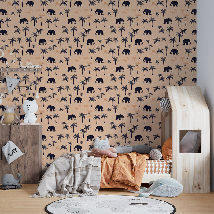 Papier peint chambre enfant à motifs | Élégants éléphants et palmiers sur fond pastel