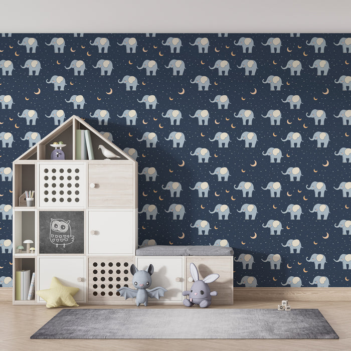 Papier peint chambre enfant à motifs | Élégants éléphants sur fond nocturne
