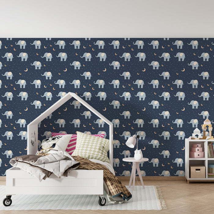 Papier peint chambre enfant à motifs | Élégants éléphants sur fond nocturne