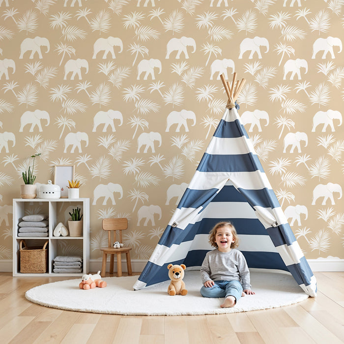 Kids room wallpaper with patterns | Elegant elephants on sandy background
