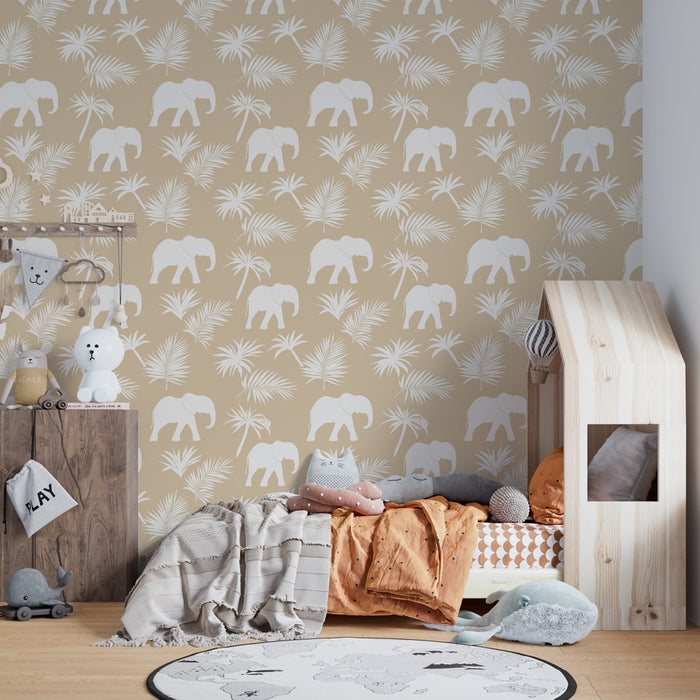 Kids room wallpaper with patterns | Elegant elephants on sandy background