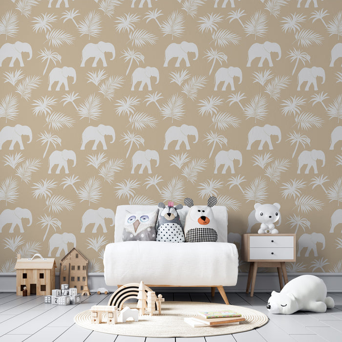 Kids room wallpaper with patterns | Elegant elephants on sandy background