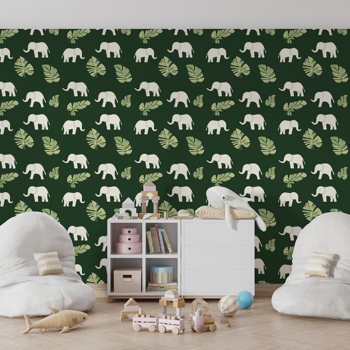 Papier peint chambre enfant à motifs | Élégants éléphants sur fond vert