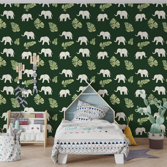 Papier peint chambre enfant à motifs | Élégants éléphants sur fond vert