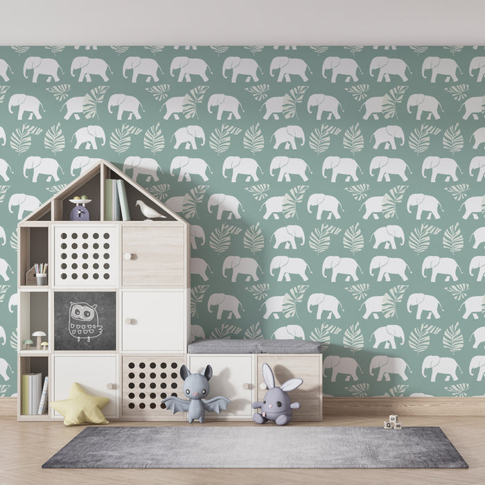 Kids room wallpaper with patterns | White elephants and foliage on a pastel background