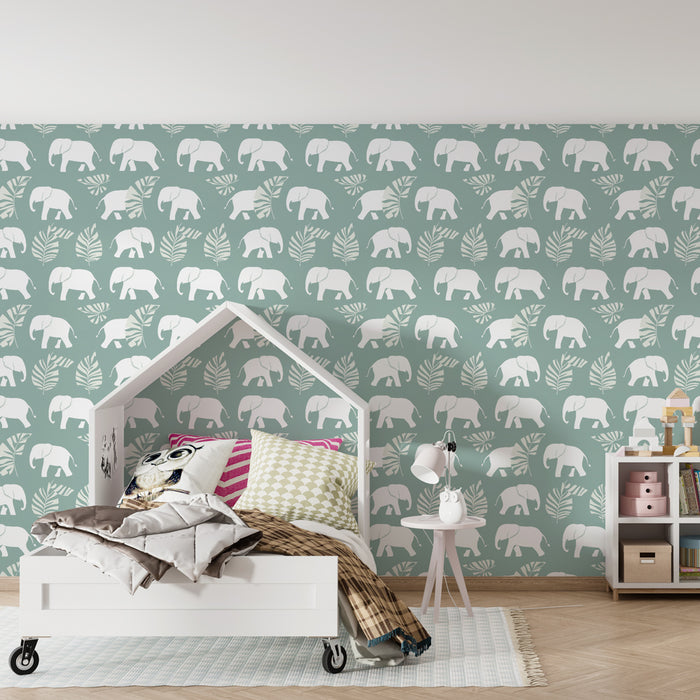Kids room wallpaper with patterns | White elephants and foliage on a pastel background