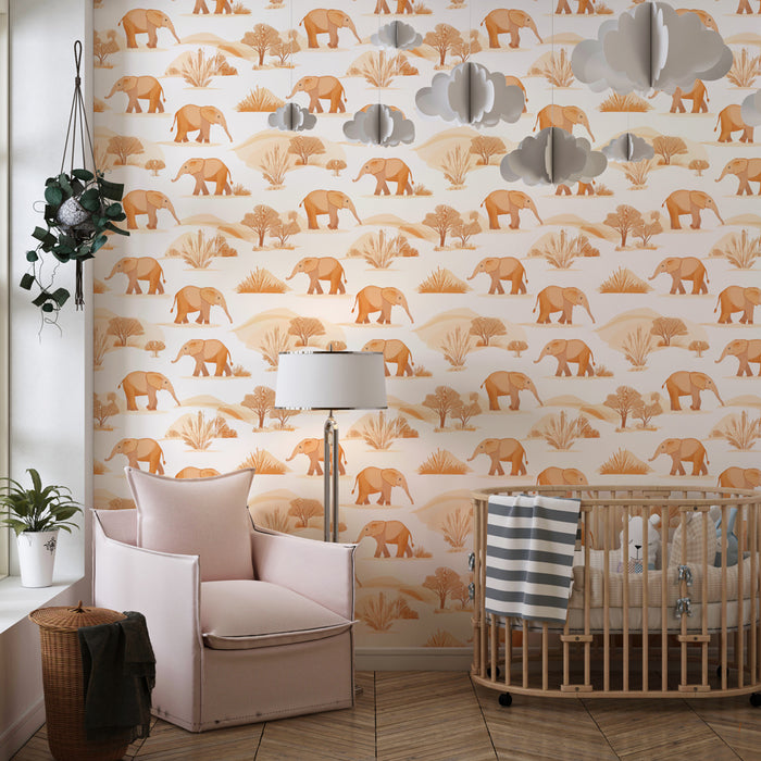 Kids room wallpaper with patterns | Elephants in a soothing landscape