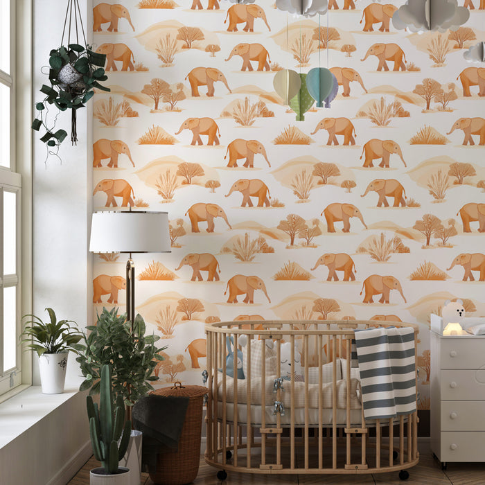 Kids room wallpaper with patterns | Elephants in a soothing landscape
