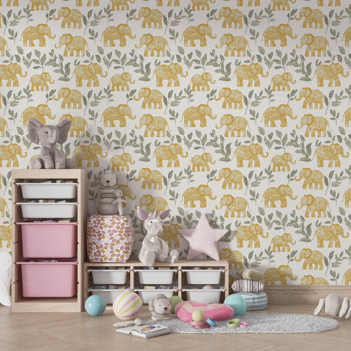 Kids room wallpaper with patterns | Golden elephants and delicate foliage