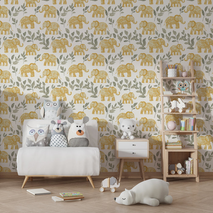 Kids room wallpaper with patterns | Golden elephants and delicate foliage