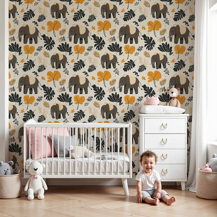 Kinderkamer behang met patronen | Olifanten en kleurrijke bladeren