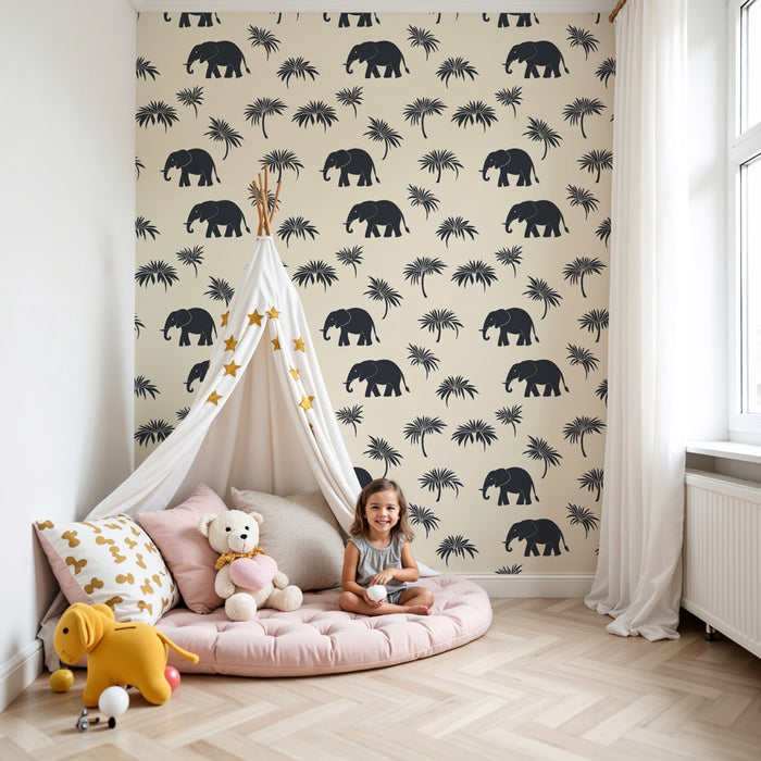Kids room wallpaper with patterns | Elephants and exotic foliage