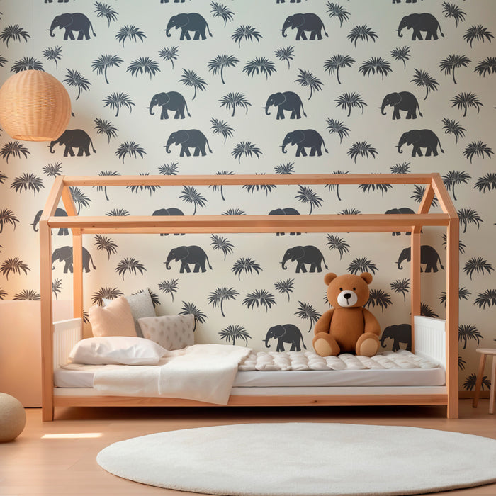 Kids room wallpaper with patterns | Elephants and exotic foliage