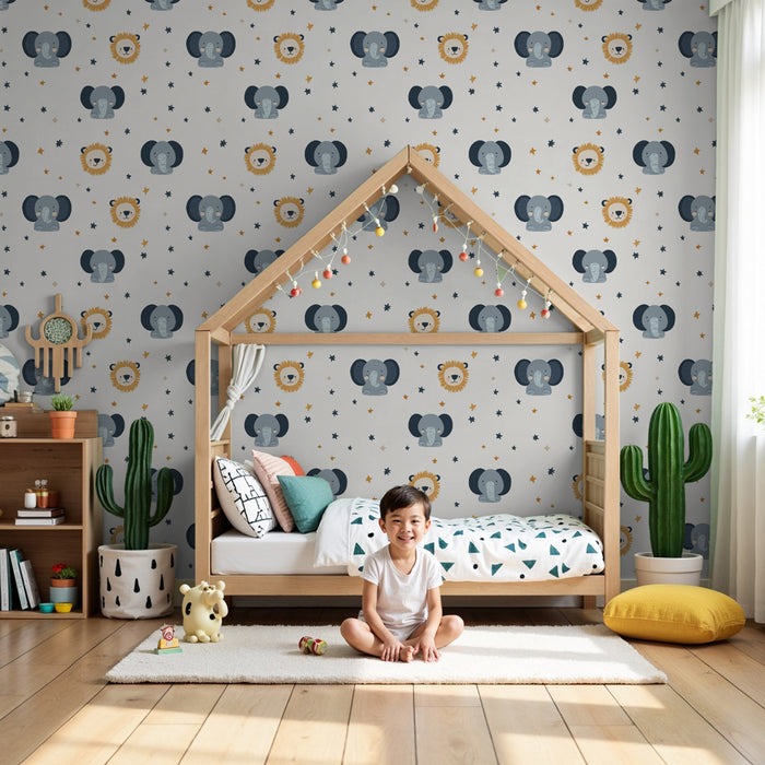 Papier peint chambre enfant à motifs | Éléphants et lions mignons entre étoiles