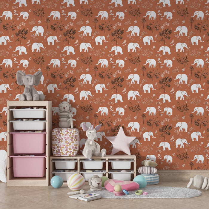 Kids room wallpaper with patterns | Happy elephants in a floral garden