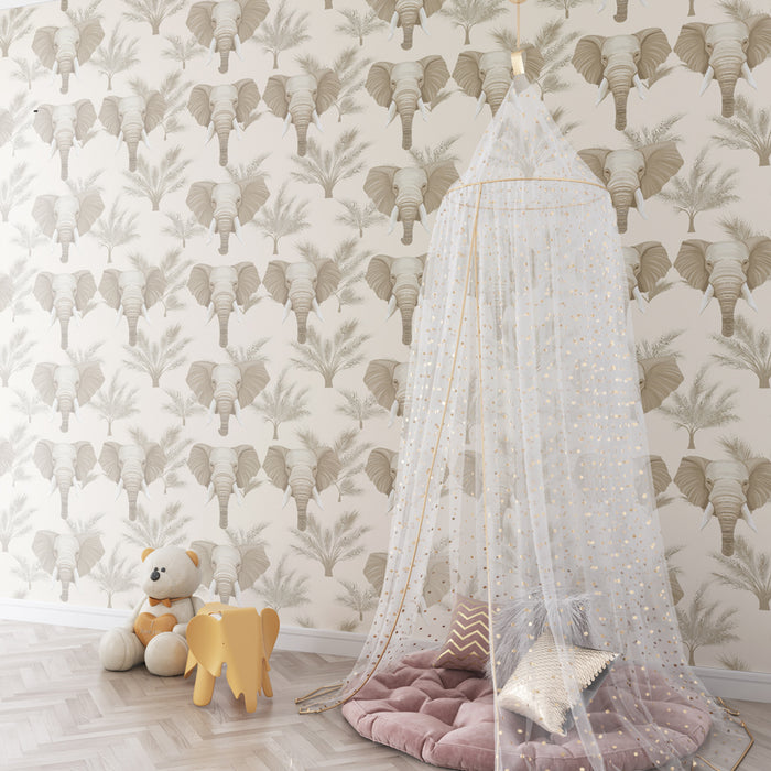 Kids room wallpaper with patterns | Majestic elephants on a cream background