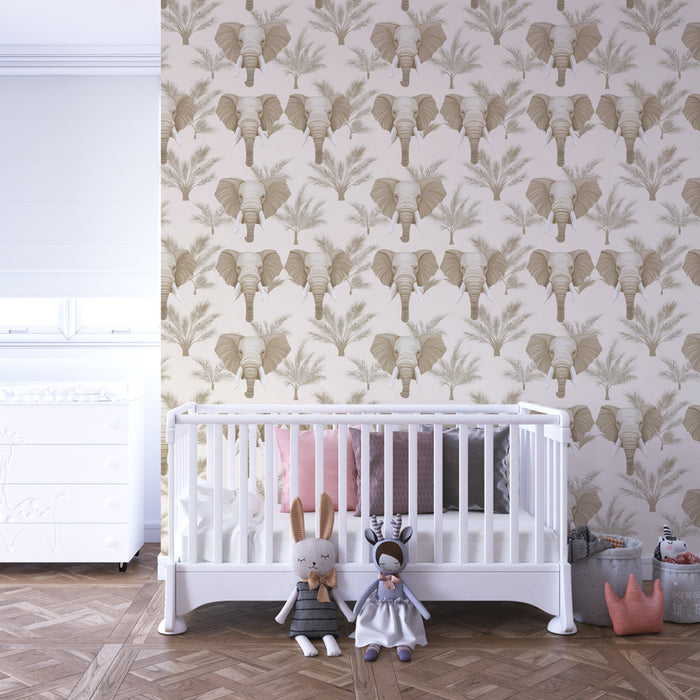 Kids room wallpaper with patterns | Majestic elephants on a cream background