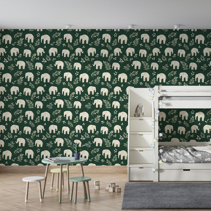 Papel de parede criança com padrão | Elefantes fofos em fundo verde