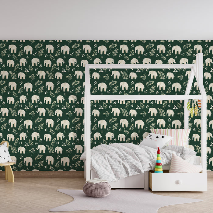 Papel de parede criança com padrão | Elefantes fofos em fundo verde